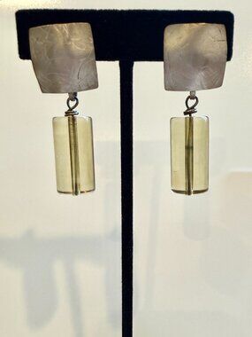 Vintage Modernist Lucite Clear Geometric Drop Clip On Earrings